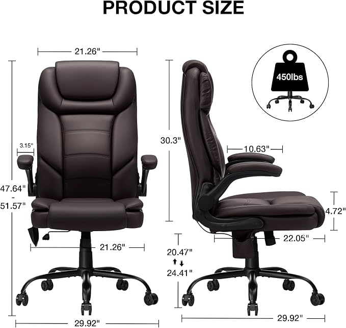 HOFFREE Executive Office Chair Big and Tall 450lbs Heavy Duty Office Chair with Adjustable Lumbar Support High Back Ergonomic Computer Leather Home Chair with Flip-up Arms for Heavy People,Brown