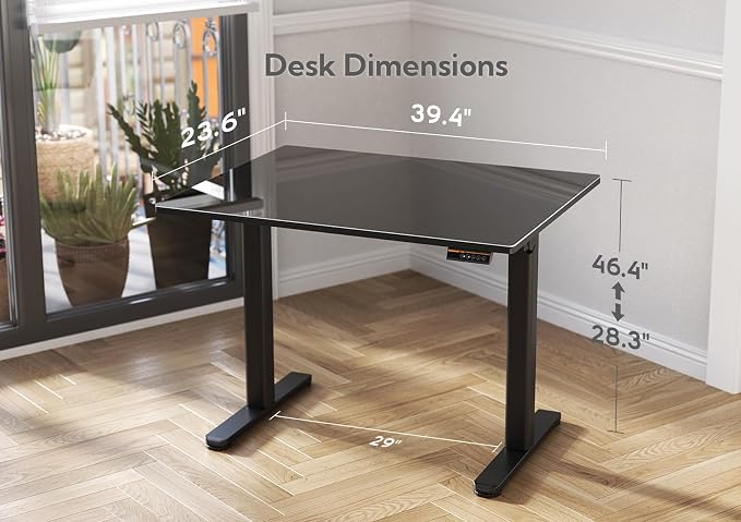Claiks 40x24 Inch Black Glass Standing Desk | Adjustable Height, Tempered Glass Top, Stand Up, Quick Install, 3 Memory Presets