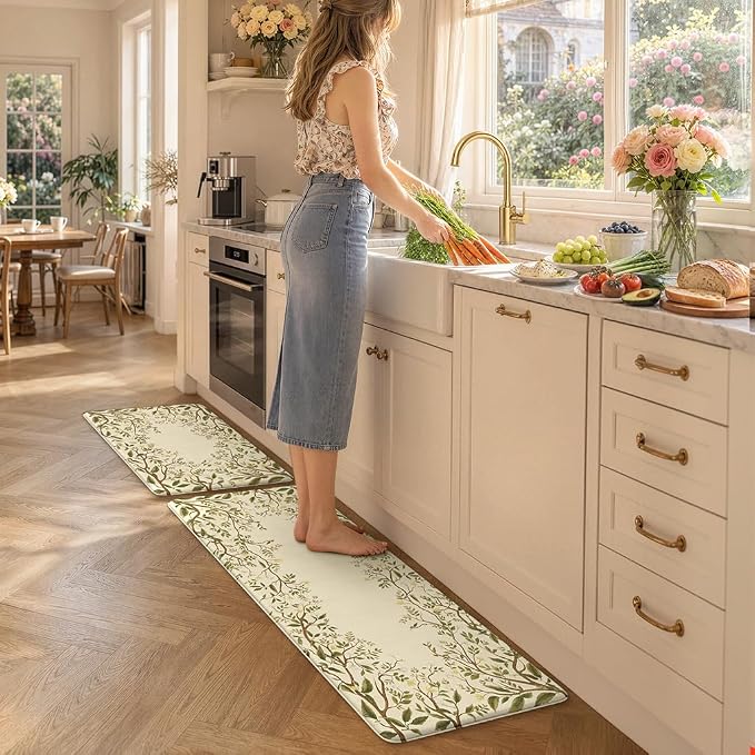 KIMODE Anti Fatigue Kitchen Mats for Floor 17"x47"+17"x29", Farmhouse Leaf Kitchen Rugs Sets of 2, Cushioned Kitchen Floor Mats, Buttercream Laundry Room Rugs for Sink Desk Kitchen Decor Bedroom