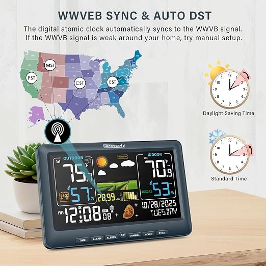 BluSon Weather Station Wireless Indoor Outdoor Thermometer, Atomic Clock | Color Display Digital Temperature Humidity Monitor with Weather Forecast, Adjustable Backlight, Barometer for Home, Blue