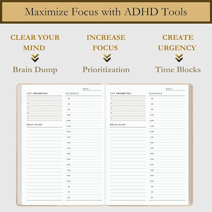 Time Blocking and ADHD Planner by Refine Days. 180 Undated Pages, To Do List, Hourly Schedule, Daily and Monthly Agenda. Time Management & Productivity Notebook. A5 (Beige)