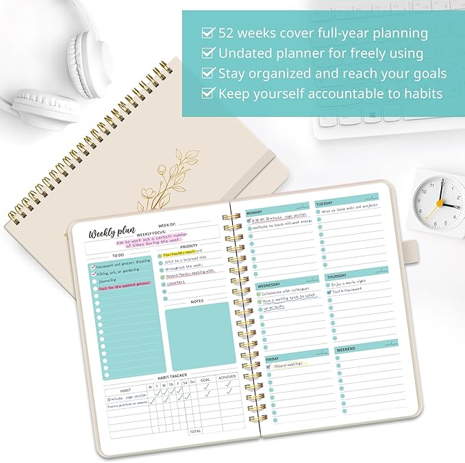 Taja Undated Weekly Planner, Weekly To Do List Notebook with Goal & Habit Tracker Organizer, A5 Weekly Planner Notebook with Spiral Binding, 6.1" x 8.2" - Beige