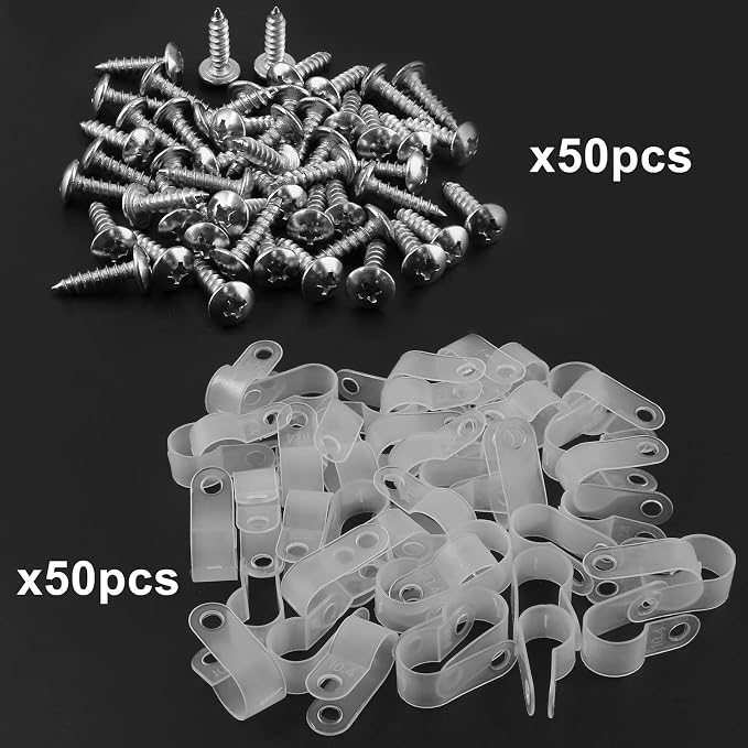 Bonsicoky 3/8 Inch Rope Light P-Style Clips, 50Pcs | With Screws, Cable Clip Wire Clamp, Cable Organizer Cord Holder, For Wire Management