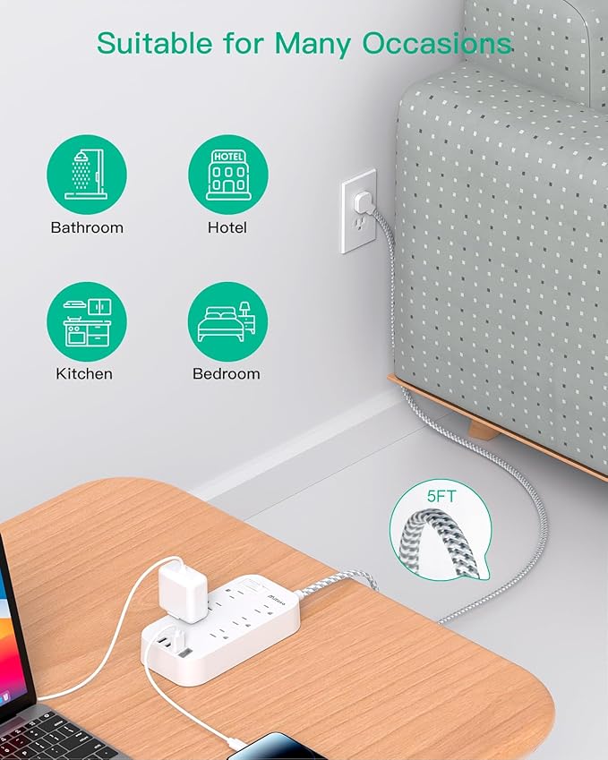 Flat Power Strip - 5 FT Plug Extension Cord, 6 Outlets 4 USB Ports Outlet Extender with Overload Protection, Wall Mount, Desktop Charging Station for Home, Office and Dorm Essential
