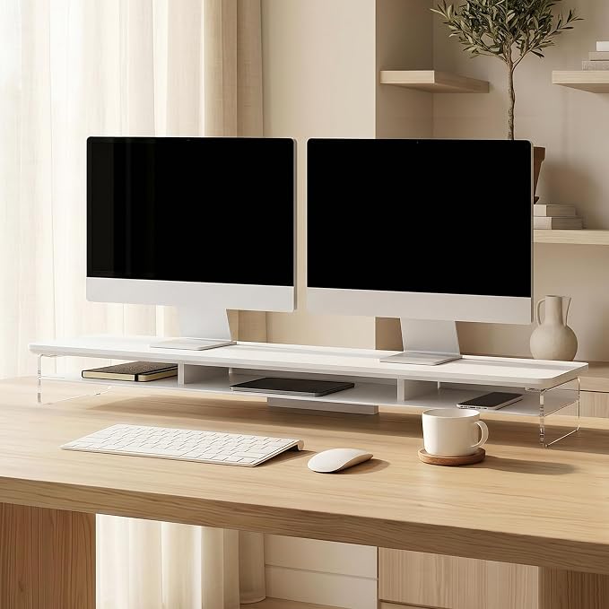Fenge 42.5" Dual Monitor Stand with Clear Acrylic Legs, White | Clear Acrylic, Storage Compartment, 2-tier Home Office Monitor Riser, Wide Large Desktop Shelf Fit Monitor/Laptop/Printer