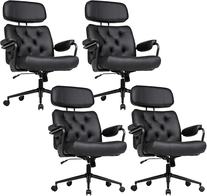 Mid Century Modern Home Office Desk Chair, Ergonomic Office Chair Big and Tall, High Back Executive Office Chair Leather Extra Wide, Computer Chair Comfy, Adjustable Height Rolling Chair, Black 4PC