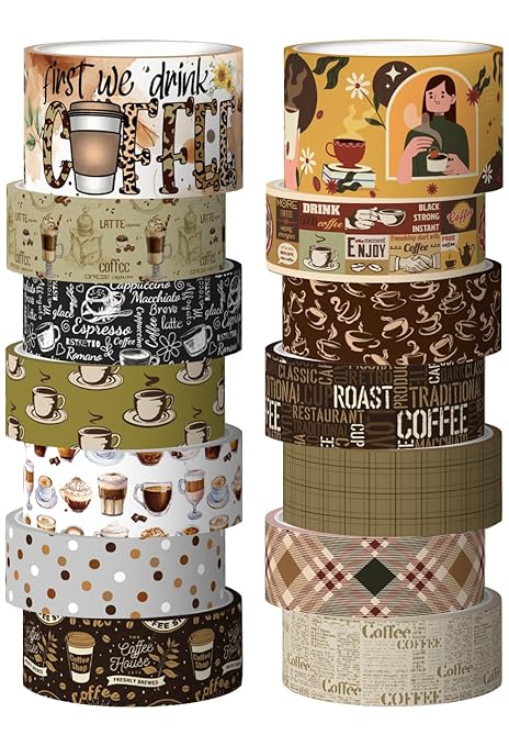 KOVANO Coffee Themed Washi Tape Set, 14 Rolls Vintage Crafts Tape, Art Decorative Tape for Scrapbooking Supplies, Junk Journal, Bullet Journaling, Vision Board Supplies