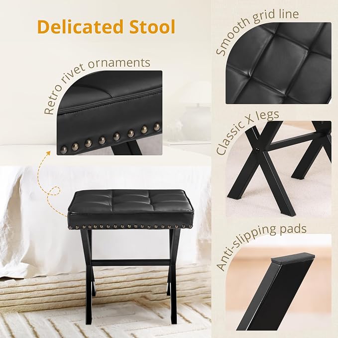 LUE BONA Vanity Stool - Square Faux Leather Makeup Seat With Metal X Legs, Small Ottoman Chair for Makeup Room, Living Room - Modern Padded Foot Rest, Black