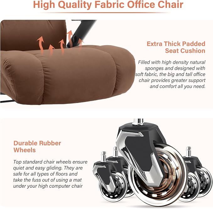Big and Tall Office Chair 700lbs, Fabric Heavy Duty Executive Desk Chair | 3D Flip Arms, Extra Wide, Upgraded Wheels, Adjustable Lumbar Support, Metal Base, Large Ultra-Soft Ergonomic Computer Chairs