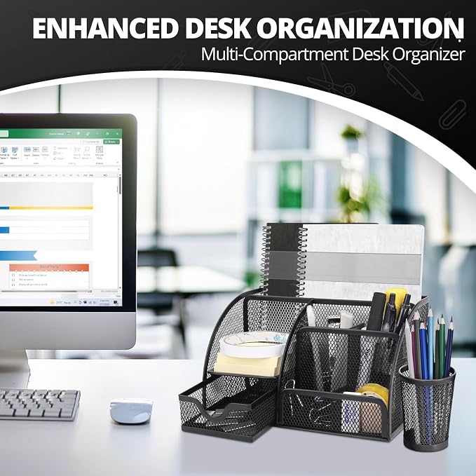 Flexzion Desk Caddy Organizer Set (Black) - Metal Mesh Desktop Caddy with Drawers, 6 Compartments, and Pencil Holder for Women & Men - Desktop Organizer and Storage for Work or Office Supplies | Compact Desktop Caddy with Separate Pen Holder; 8.7 X 5.5...