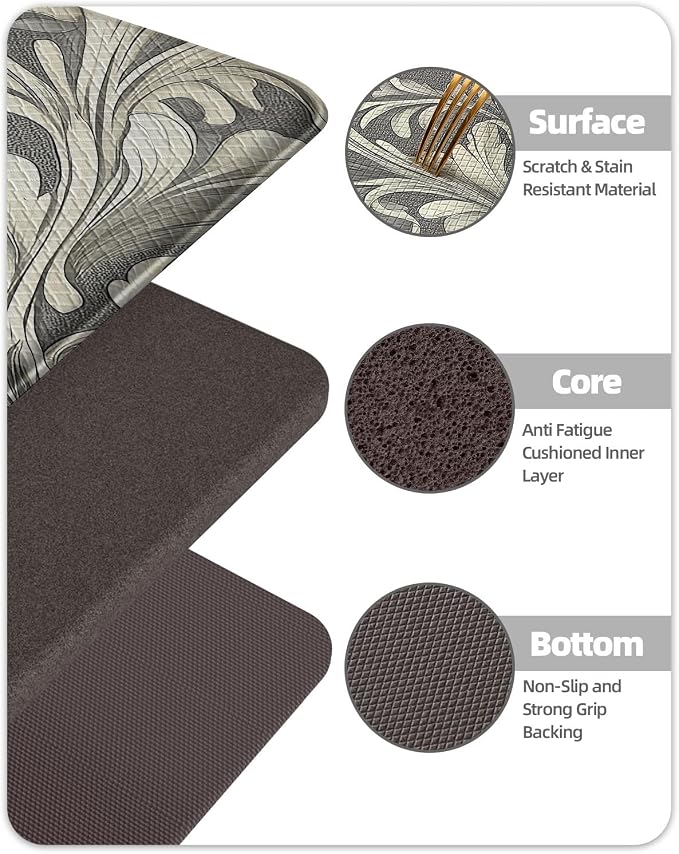 Color&Geometry Floral Kitchen Floor Mat 24x87 Anti Fatigue Easy Clean,Grey | 0.4in Thick Cushioned Standing Mat For Cooking/Working/Laundry, Flower Home Decor, Non Slip PVC Kitchen Rug, Oil/Water Proof