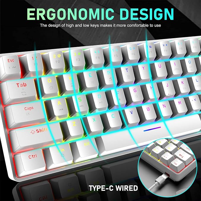 65% Wired Gaming Mechanical Keyboard and Mouse Combo, Mini 68 Keys, RGB Backlight, Lightweight RGB Optical Mouse,Mouse Pad Compatible with PS4,Xbox,PC,Laptop,MAC (White/Blue Switch)