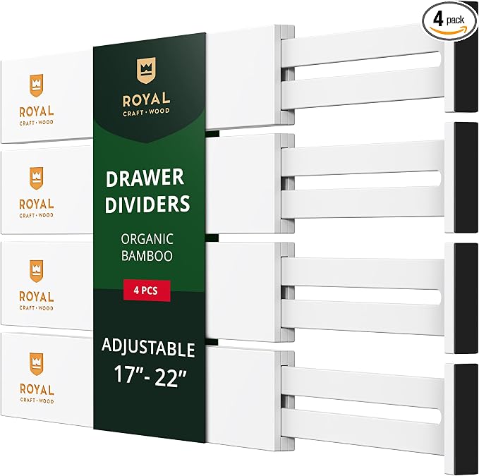 Bamboo Drawer Dividers Organizers, Adjustable Drawer Separator Splitters, 17–22 Inches Expandable Drawer Divider Organizer for Large Utensils, Kitchen, Bedroom, Dresser & Office Drawers 4-Pack, White