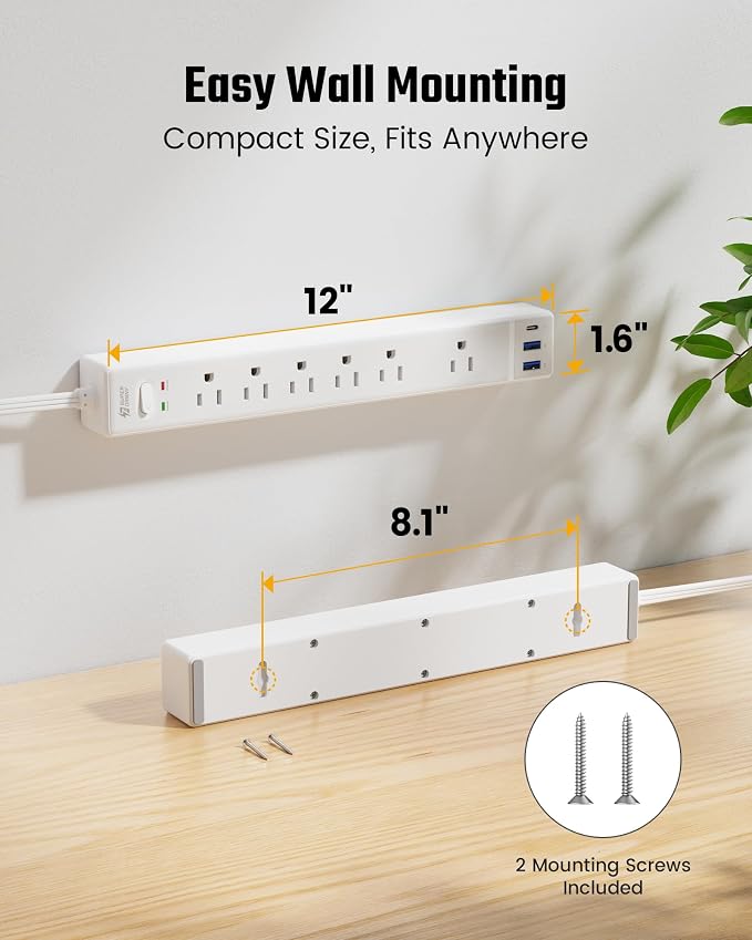 2 Pack Flat Plug Surge Protector Power Strip, 6ft Ultra Thin Extension Cord with 3 USB, SUPERDANNY 6 Outlets Charging Station, Wall Mountable Outlet Extender for Home Office, College Dorm Room