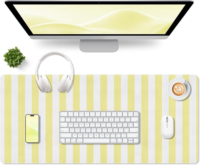 Yellow Desk Mat, Striped Keyboard Pad PU Leather Mouse Pad Computer Mat,Non-Slip Extra Large Gaming Mousepad for Laptop,Cute Desk Pad Home Office Desktop Decor