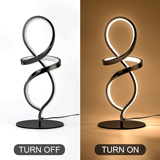 Mayful Modern Table Lamp with LED Unique Spiral Design, Small Nightstand Lamp with Stepless Dimming Switch, Black Bedside Lamps for Bedroom, Nightstand, Living Room, Office, Desk, 12W 3200K Warm White