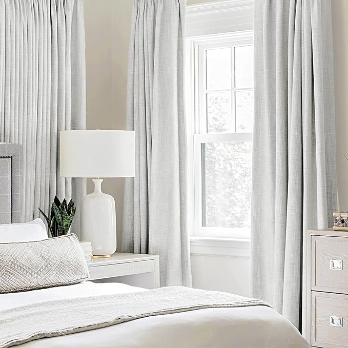 MIULEE Linen Textured Curtains for Bedroom Solid 100% Blackout Thermal Insulated Heathered White Grommet Room Darkening Curtains & Drapes Luxury Decor for Living Room 52 x 63 Inch (2 Panels)