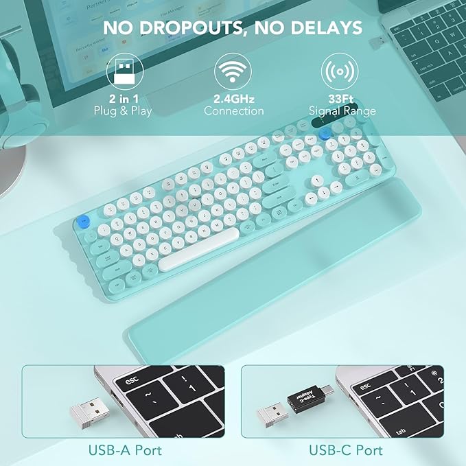 Wireless Keyboard, Round Keycaps, Retro Typewriter Keyboard with Detachable Wrist Rest, Sleep Mode, Foldable Legs, 2.4GHz Full-Size Cordless Computer Keyboard for Windows/PC/Laptop (Tiffany Blue)