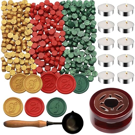 Wax Seal Kit with Warmer, ONWINPOR 300pcs Sealing Wax Beads in 3 Colors, Non-Slip Spoon, Candles for Envelopes, Stamp Letter Seal,Wedding Invitations (Christmas Mix)