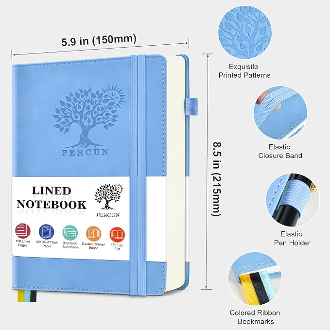 PERCUN Lined Journal Notebook for Men & Women, 160 Pages Leather Journals for Writing, A5 Hardcover Notebooks for Note Taking, Work, School, Business, Travel,Daily Diary 5.9" x 8.5" (Blue)