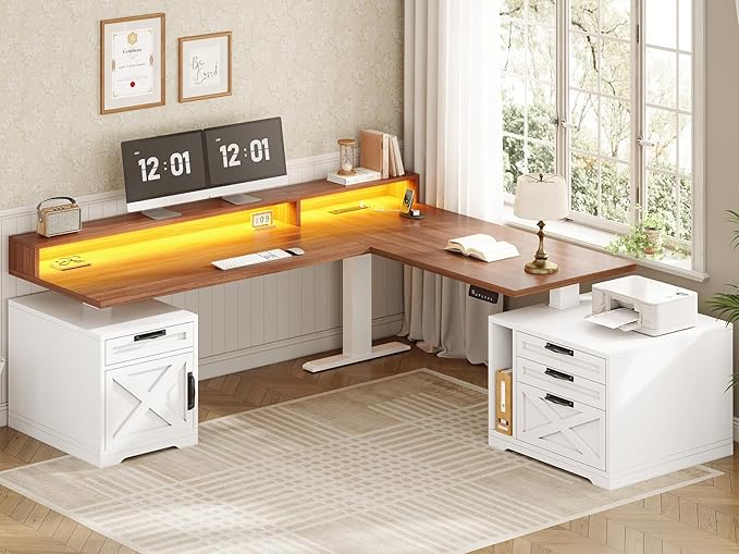 SEDETA Farmhouse L Shaped Standing Desk, 70.1" x 73.2" Height Adjustable Home Office Executive Desk with Drawers, Power Outlet, Monitor Stand, Sit Stand Table with Led Lights for Home Office, White