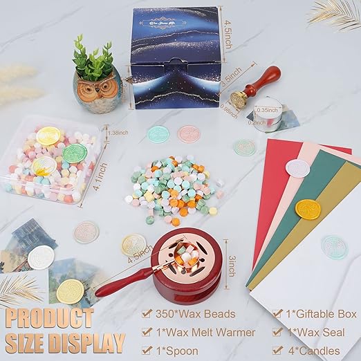 Wax Seal Stamp Kit - 357Pc Set with Wax Beads, Seal Stamps, Warmer, Spoon, Candles - Vintage Envelopes & Letters - Multicolor