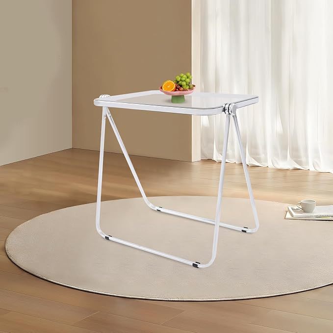 Acrylic Folding TV Tray Table, Small Portable Square Laptop Desk, End Side Table Modern Square Table for Home Office, No Assembly Space-Saving Side Table with Metal Frame (Grey)