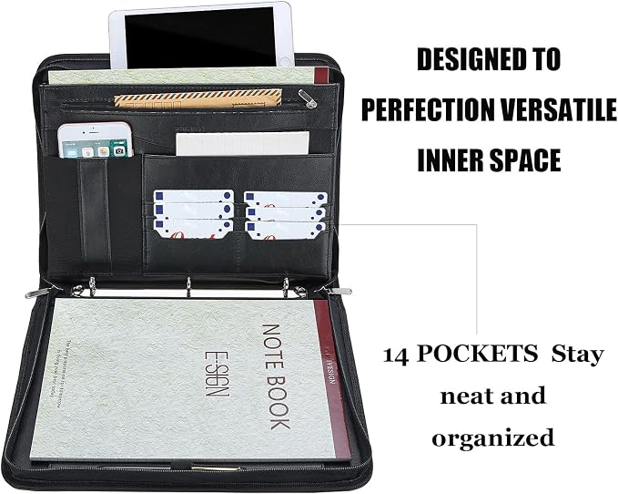 Zippered Padfolio Binder, Faux Leather Organizer with 3-Ring Binder, Left-Handed Design, Business Card Slots & Document Folders - Professional Padfolio for Office (Black)