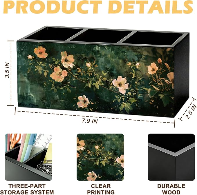 Dark Green Floral Pen Pencil Holder for Desk, Moody Cottagecore Botanical Flower Wooden Box Sign Organizer for Home Room Office Bedroom Desk Accessories Tabletop Decorations