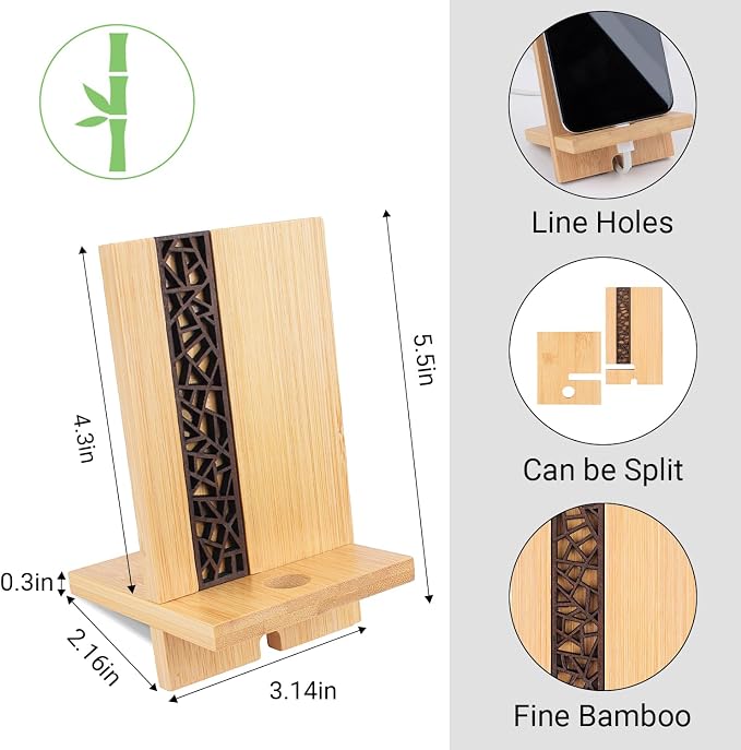 Mobile Stand Japanese Style Cellphone Holder Desktop Organizer Charging Station Compatible with All Smartphones Tablets Natural Bamboo Wood Portable Adjustable Angle (PATTERN-2HOLES)