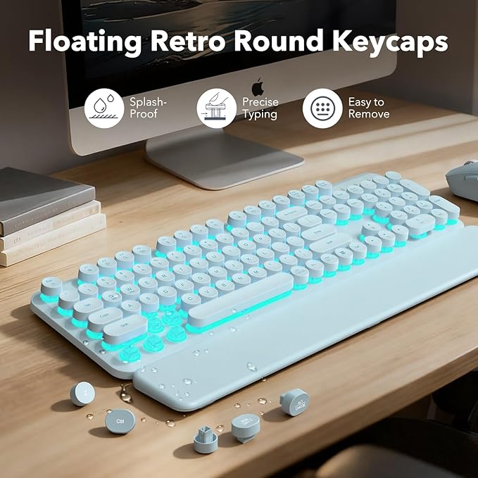 Wireless Keyboard and Mouse Combo, Backlit Round Keycaps, Retro Typewriter Keyboard with Detachable Wrist Rest, Rechargeable & Tilt Legs, 2.4GHz Cordless Connection for Windows/PC (Glowing Blue)