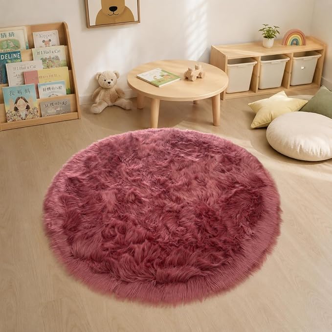 EasyJoy Faux Sheepskin Rug, Fluffy Faux Fur Rug, Ultra Soft Shag Area Rug with Non-Slip Backing for Bedroom, Living Room, Nursery, Kids Room(4 x 4 ft Round, BlushPink)