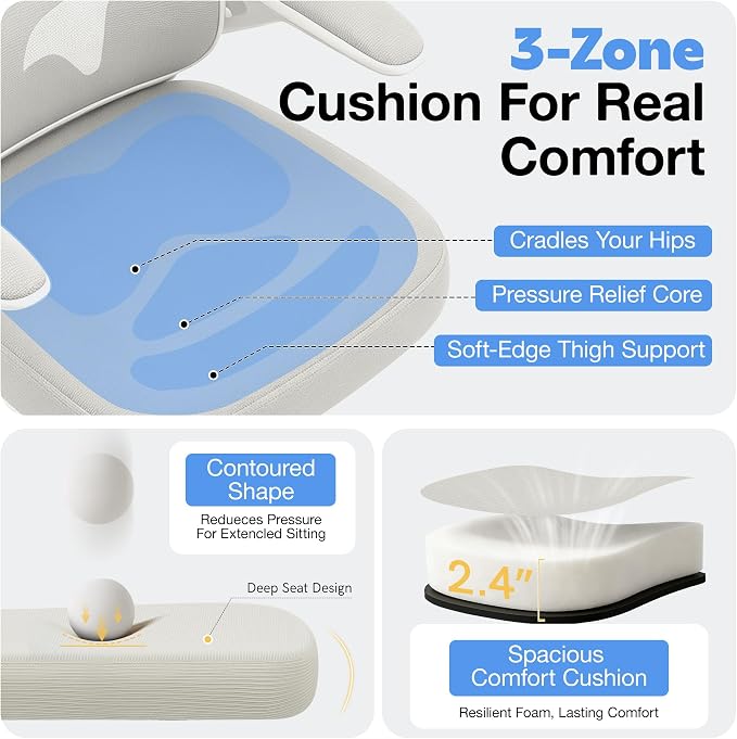 ALLGOD Ergonomic Office Chair, Breathable Mesh Ergonomic Desk Chair with Adjustable Lumbar Support, Flip-up Armrests, Computer Chairs Comfortable for Home, Office, Work, 300lbs, White, Upgrade