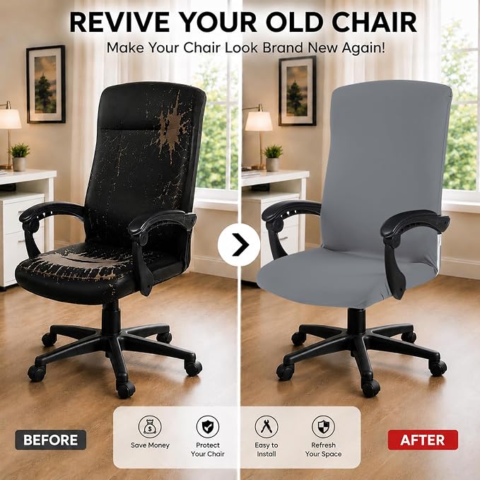 Elastic Computer Chair Cover with Durable Zipper - Protective Removable Washable Universal Office Desk Chair Seat Slip Cover - Stretchy Soft Anti-dust Desk Chair Seat Protector - Mid Gray