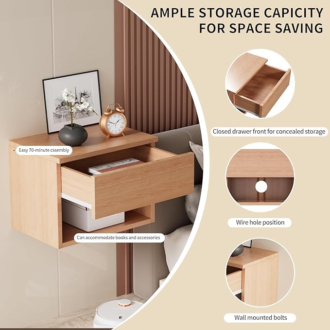 Floating Nightstand, Modern Wall Mounted Bedside Table with Drawer, Wood Bedside Shelf & Desk, End Table Wood Modern Night Stand for Bedroom (T6784876, Set of 1)