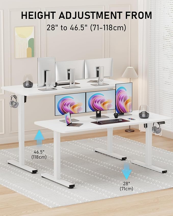 55" Electric Standing Desk Adjustable Height, Sit Stand up Desk for Home Office & Computer Workstation, 2 Memory Height Settings, Splice Board, 2 Hooks, White Frame/White Top