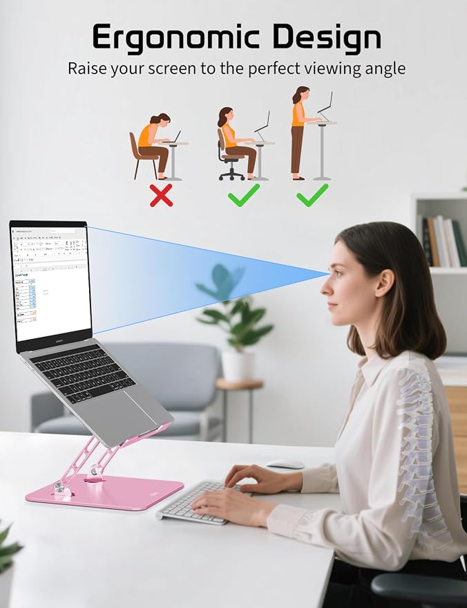 Aluminum Laptop Stand Adjustable Height & Angle | Ergonomic Riser for MacBook, Notebook & Tablet | Foldable, Portable, Ventilated Design for Office, Home, Travel – Fits 10"-15.6" Devices,Pink