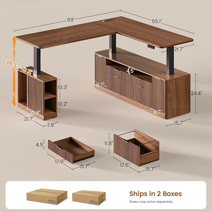 SEDETA L Shaped Electric Standing Desk, 69" x 55"Height Adjustable Office Executive Desk with 4 Drawers and Storage Shelves, Fluted Sit Stand Computer Desk with Power Outlet for Home Office