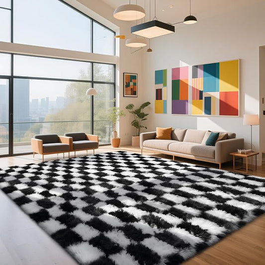 Checkered Rug for Living Room, 8x10 Black and White Area Rugs, Classic Checkered Carpets Shag Area Rug, Bedside Rugs for Living Room Bedroom Room Home Decor