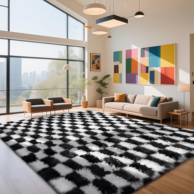 Checkered Rug for Living Room, 9x12 Black and White Area Rugs, Classic Checkered Carpets Shag Area Rug, Bedside Rugs for Living Room Bedroom Room Home Decor