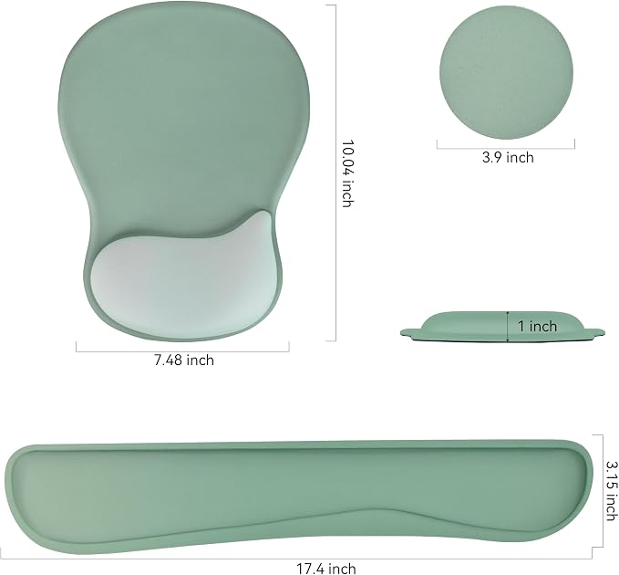 Wrist Rest Support for Mouse Pad Keyboard Set Circle Coaster Gaming Mouse Pad Ergonomic Gel Memory Foam Set for Computer, Laptop, Office, Pain Relief, Comfortably Typing Pure Green KM-34