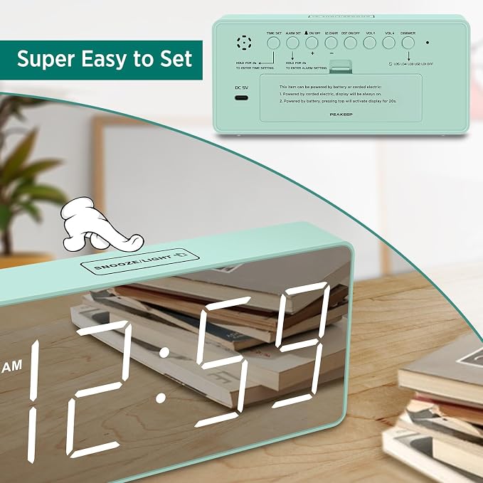 Peakeep Digital Alarm Clock for Bedrooms Bedside, Loud for Heavy Sleepers | Electric Alarm Clock Battery Backup Powered, Mirror Face, Large Numbers 6 Dimmers for Seniors