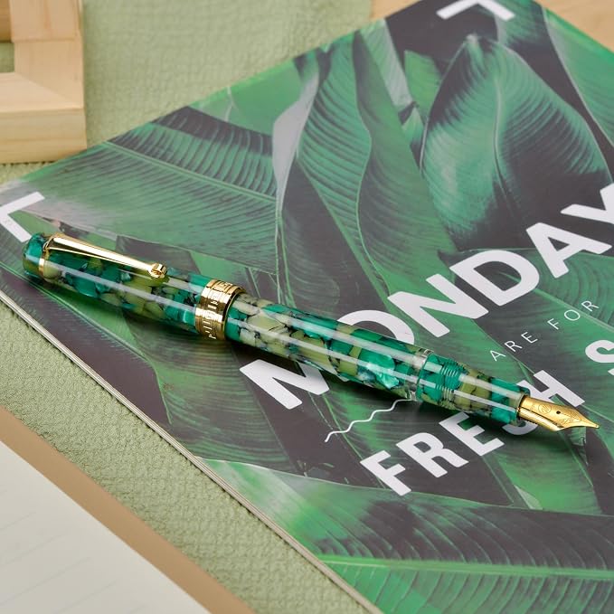 Asvine P20 Piston Fountain Pen Green Marble Acrylic, Fine Nib Gold Trim Smooth Writer Collection with Case Set