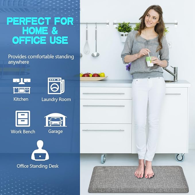 Anti Slip 3/4 inchs Anti Fatigue Kitchen Floor Mat, Ergonomic Comfort Standing Mat, Waterproof Kitchen Runner for Home, Kitchen, Office, Laundry, Garage (Light Gray, 17.3" x 28" -0.75")