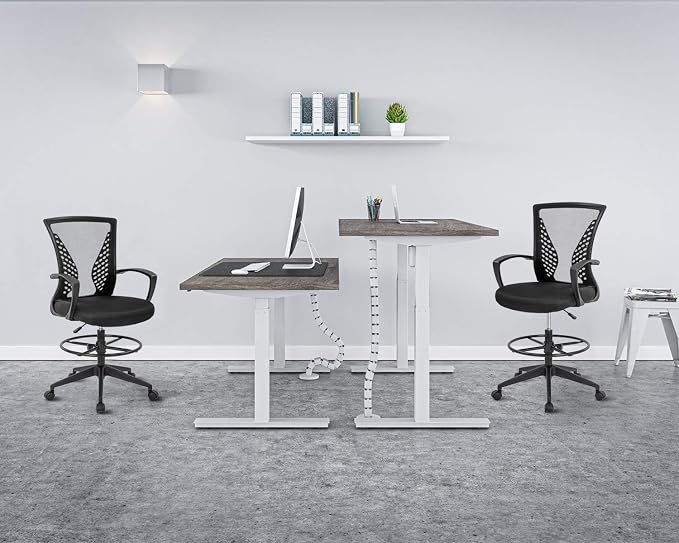 Drafting Chair Tall Office Chair Standing Desk Chair Adjustable Height with Arms Foot Rest Back Support Rolling Swivel Desk Chair Mesh Drafting Stool for Adults