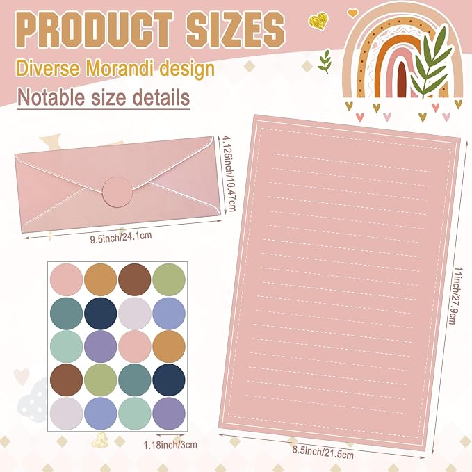 TaoBary 160 Packs Stationery Paper Set (50 Double Sided Stationery Writing Papers 50 Matching Envelopes) 60 Round Dot Sticker, 10 Design(11 x 8.5 Inch,Morandi Color)