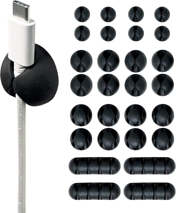 Wrap-It Storage Cable Clips - (Assorted 28-Pack) Black | Desk and Nightstand Cable Holder for Phone and Bedside Table Cord Organizer