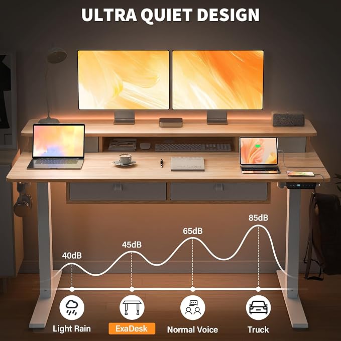 55 * 30 Inches Electric Standing Desk Adjustable Height with 4 Drawers, Double Storage Shelves Stand Up Desk, Home Office Workstation Sit Stand Desk (Nature)