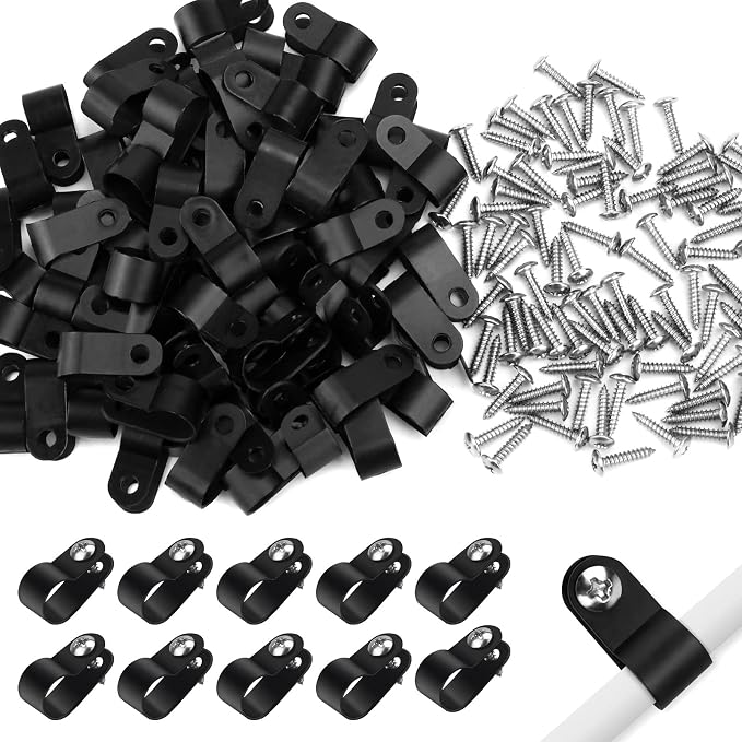 VIPMOON 100Pcs 5/16 Inch R-Type Cable Clamps, Nylon Plastic Cable Clips with Screws, Mounting Cord Fasteners for Electrical Wire Clamps Management, Black