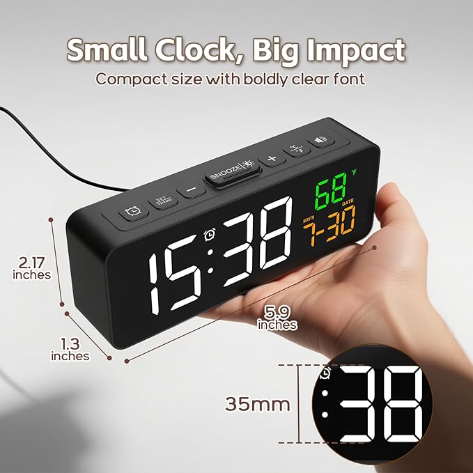 Netzu 3-in-1 Digital Clocks for Living Room, Small & Compact Alarm Clock | Temperature, Date & Time Display, 4 Birghtness, 3 Volumes, Plug-in, for Bedroom, Office